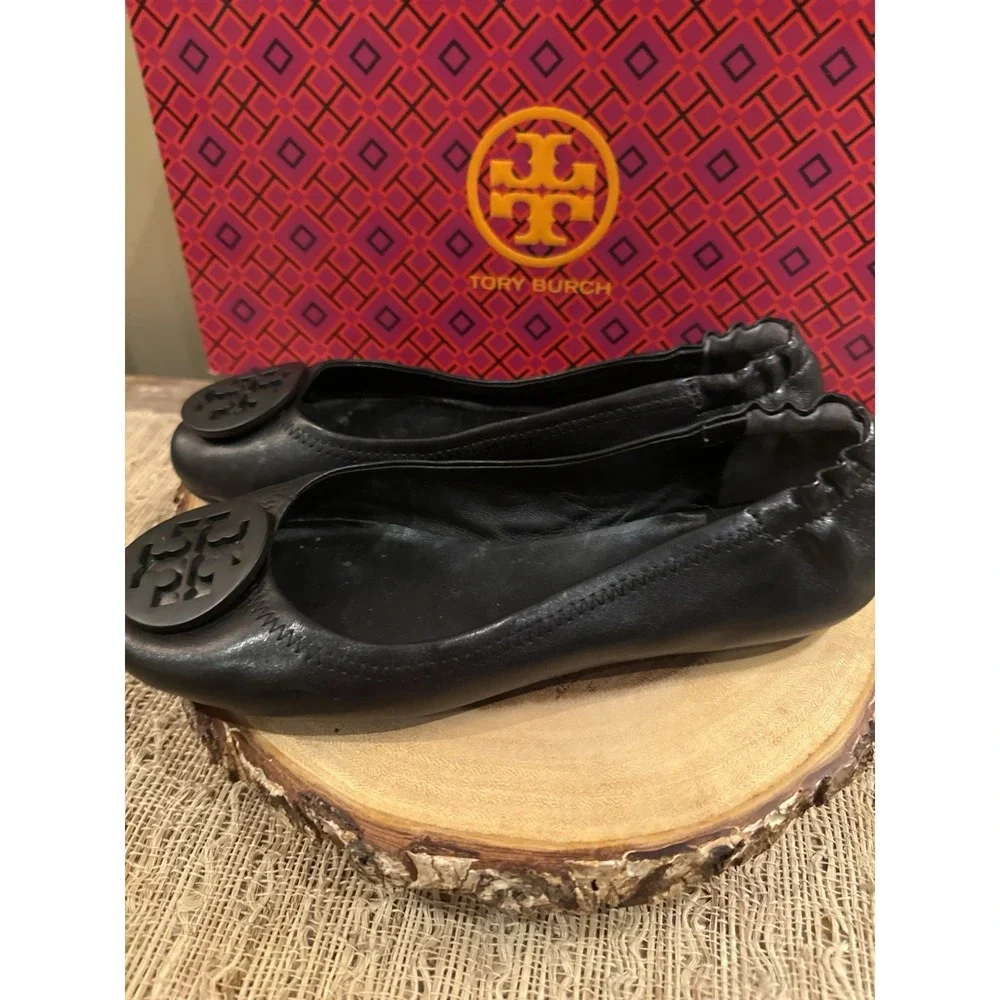 Tory Burch Minnie Travel Matte Black Leather Round Toe Ballet Flats Size 6.5